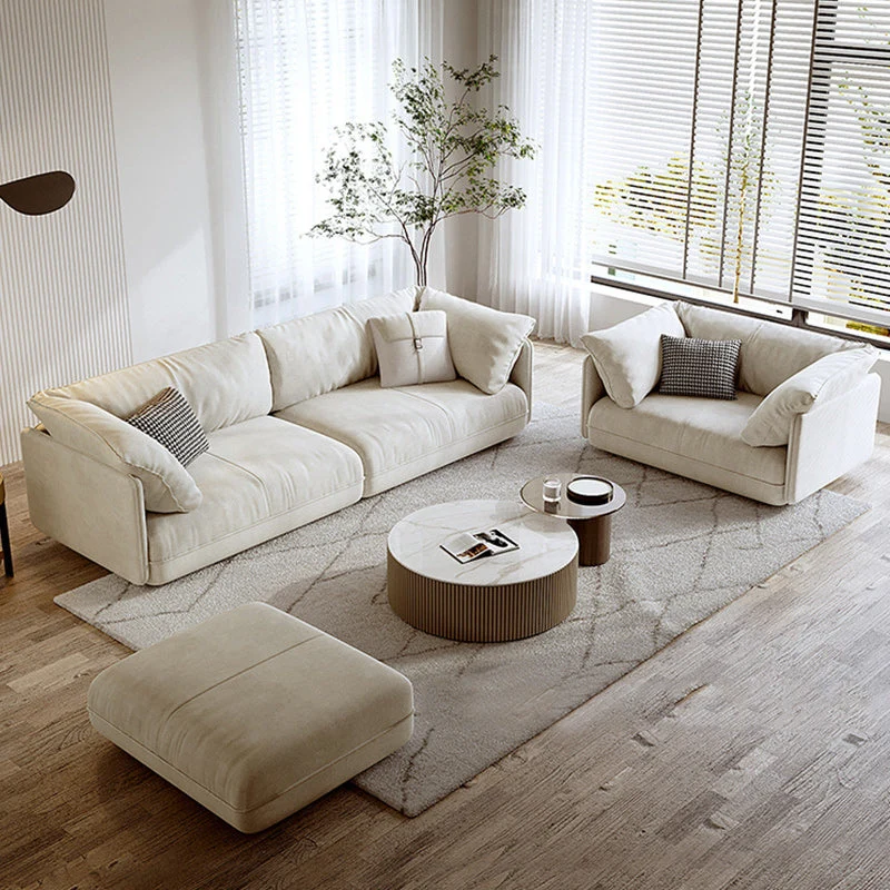 Divano moderno beige con schienale e bracciolo imbottito per soggiorno Clearhalo