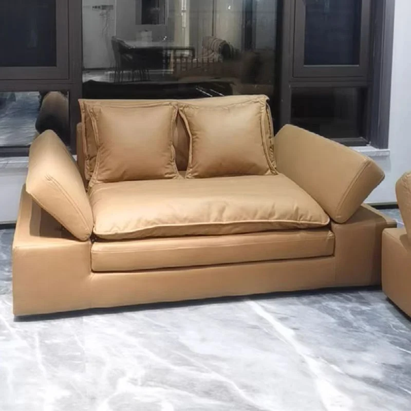 Divano moderno componibile con schienale ecopelle marrone chiaro per soggiorno Clearhalo
