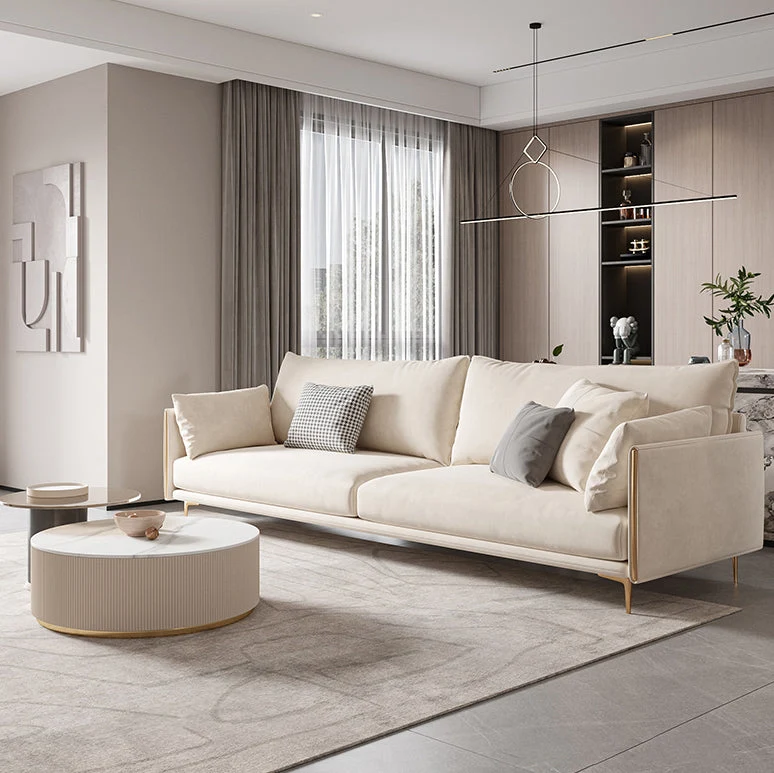 Divano moderno con braccioli quadrati e cuscini beige per 1/2/3/4 persone Clearhalo