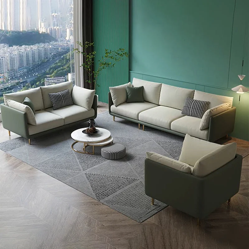 Divano moderno con braccioli quadrati resistente alle macchie ecopelle verde e bianco Clearhalo
