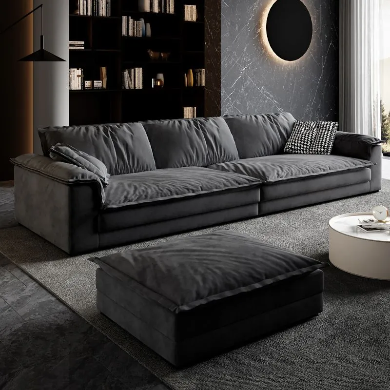 Divano moderno legno massello con braccioli quadrati grigio scuro antimacchia Clearhalo