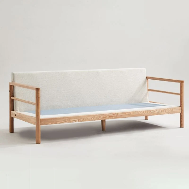 Divano moderno lino beige con braccioli quadrati Divano standard legno per soggiorno Clearhalo
