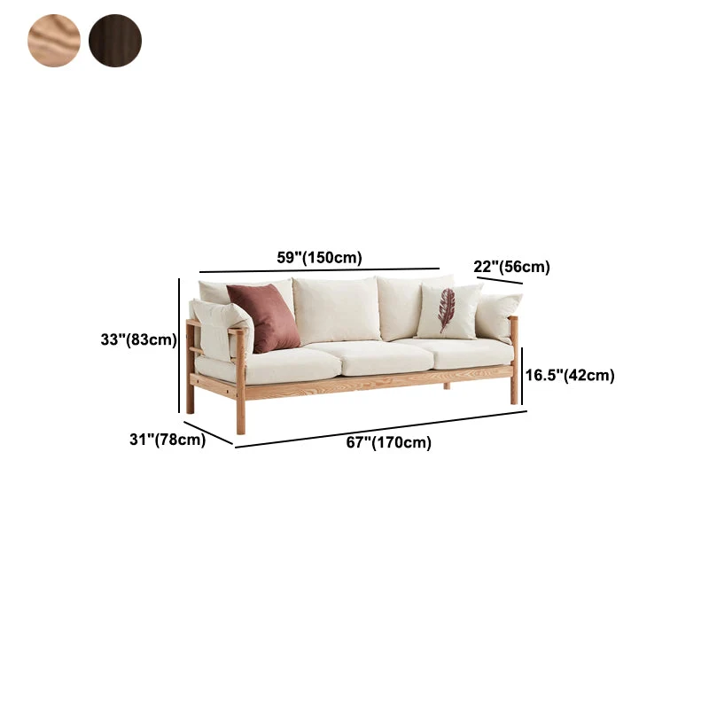 Divano moderno lino beige con braccioli quadrati Divano standard legno per soggiorno Clearhalo