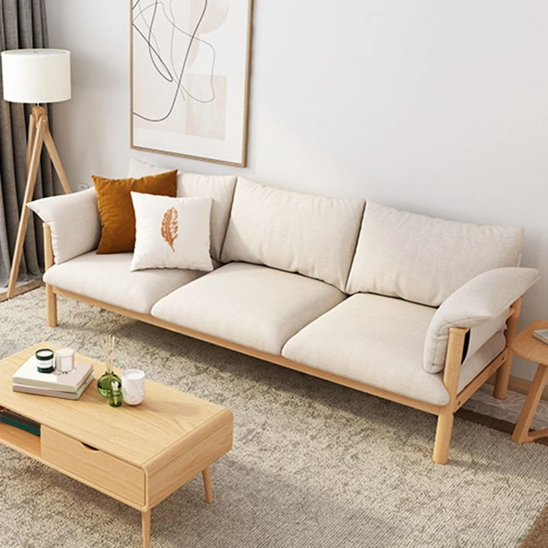 Divano moderno lino beige con braccioli quadrati Divano standard legno per soggiorno Clearhalo