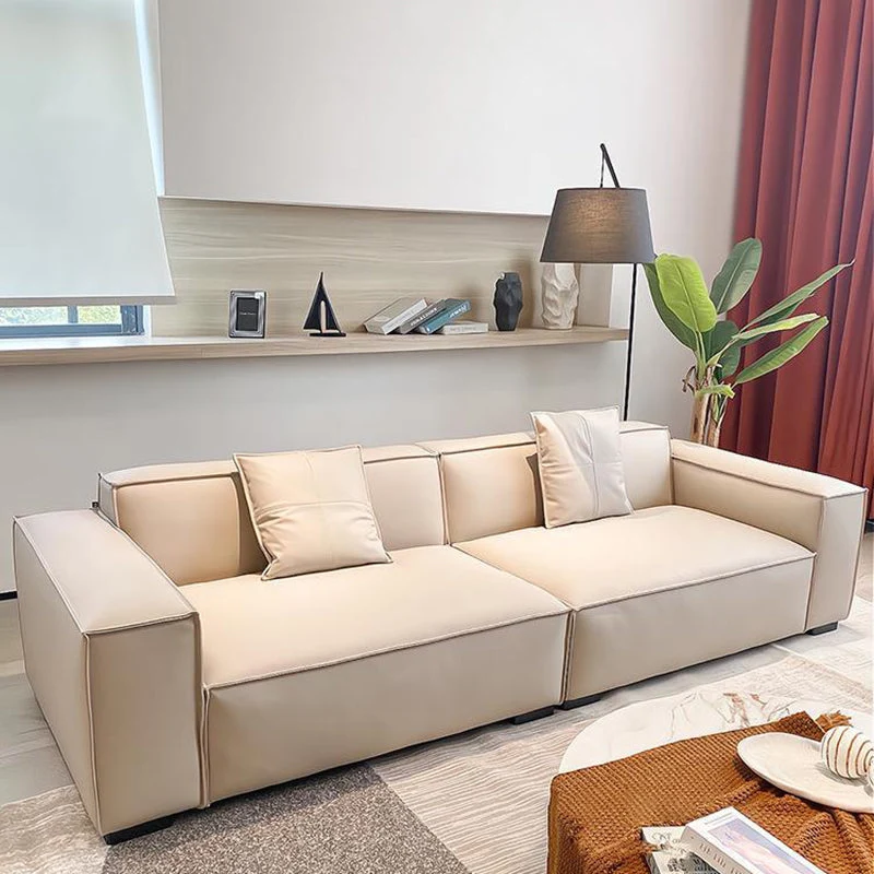Divano moderno 4 posti con braccioli quadrati Divano ecopelle beige largo 110,23 pollici Clearhalo