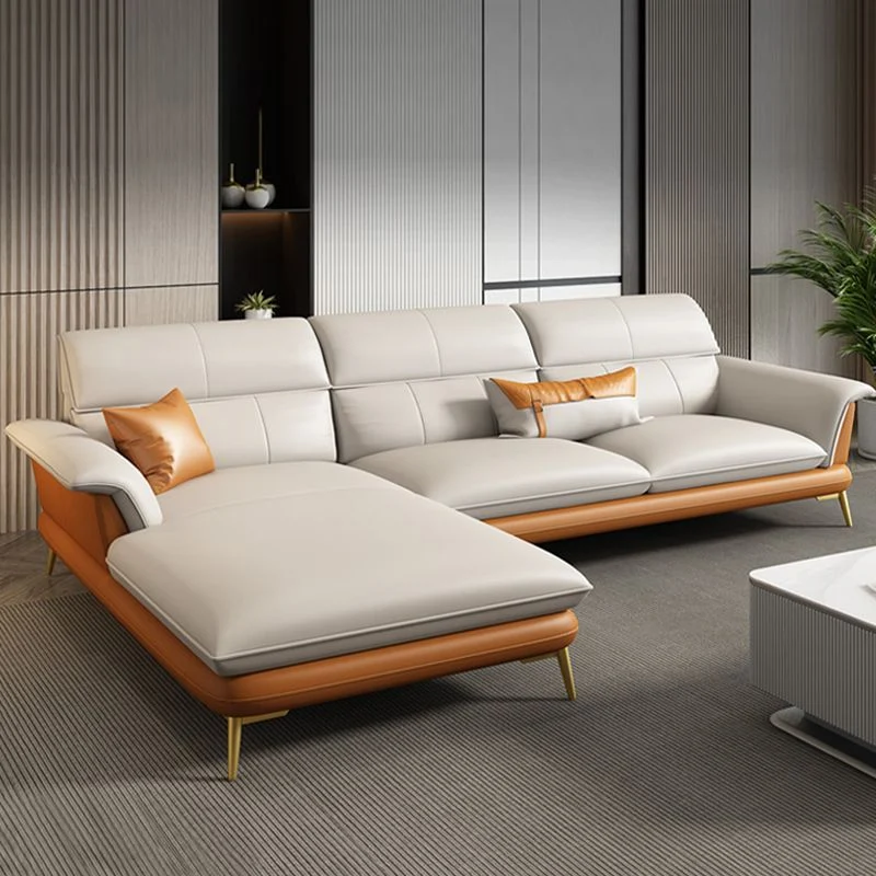 Divano moderno/componibile con braccioli vera pelle color crema color crema per soggiorno Clearhalo