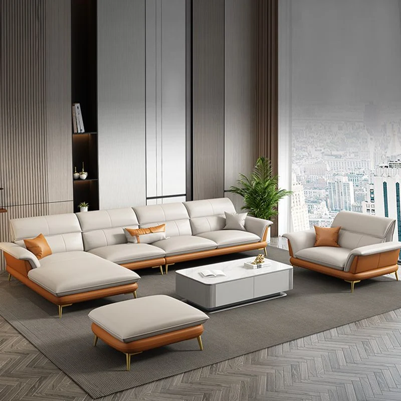 Divano moderno/componibile con braccioli vera pelle color crema color crema per soggiorno Clearhalo