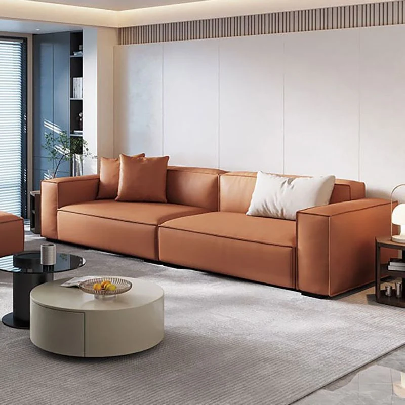 Divano rettangolare tessuto e pelle di bue stile moderno bianco/arancione Clearhalo