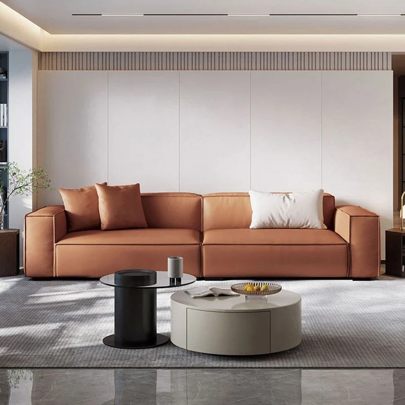 Divano rettangolare tessuto e pelle di bue stile moderno bianco/arancione Clearhalo