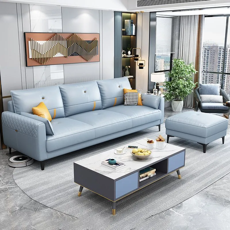 Divano scandinavo 3 posti con pouf incluso. Divano con braccioli quadrati Clearhalo