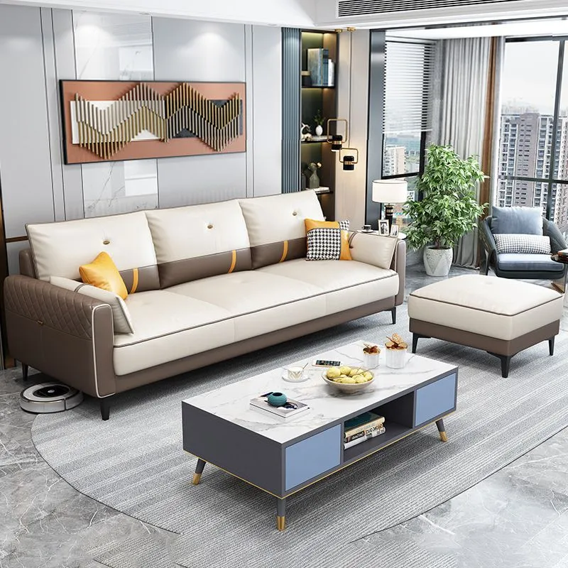 Divano scandinavo 3 posti con pouf incluso. Divano con braccioli quadrati Clearhalo