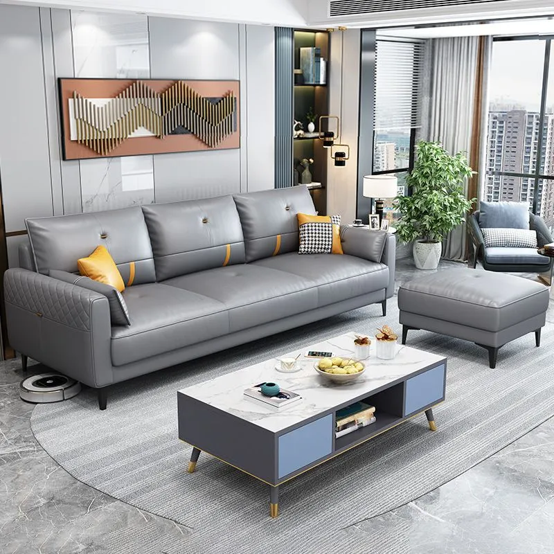 Divano scandinavo 3 posti con pouf incluso. Divano con braccioli quadrati Clearhalo