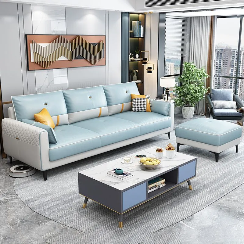 Divano scandinavo 3 posti con pouf incluso. Divano con braccioli quadrati Clearhalo