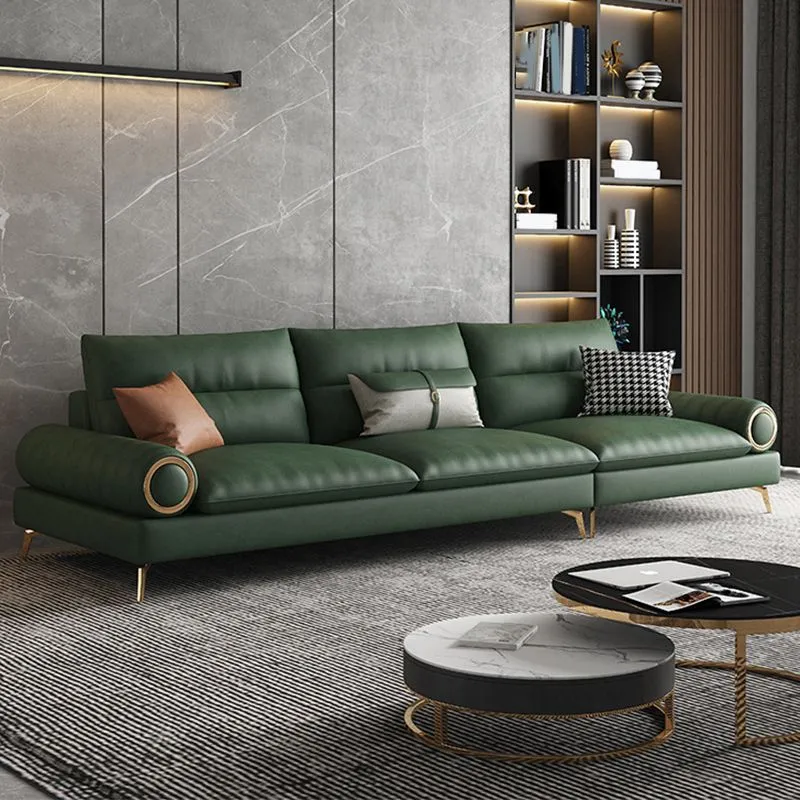 Divano standard moderno con braccioli arrotolati ecopelle e schienale cucito Clearhalo