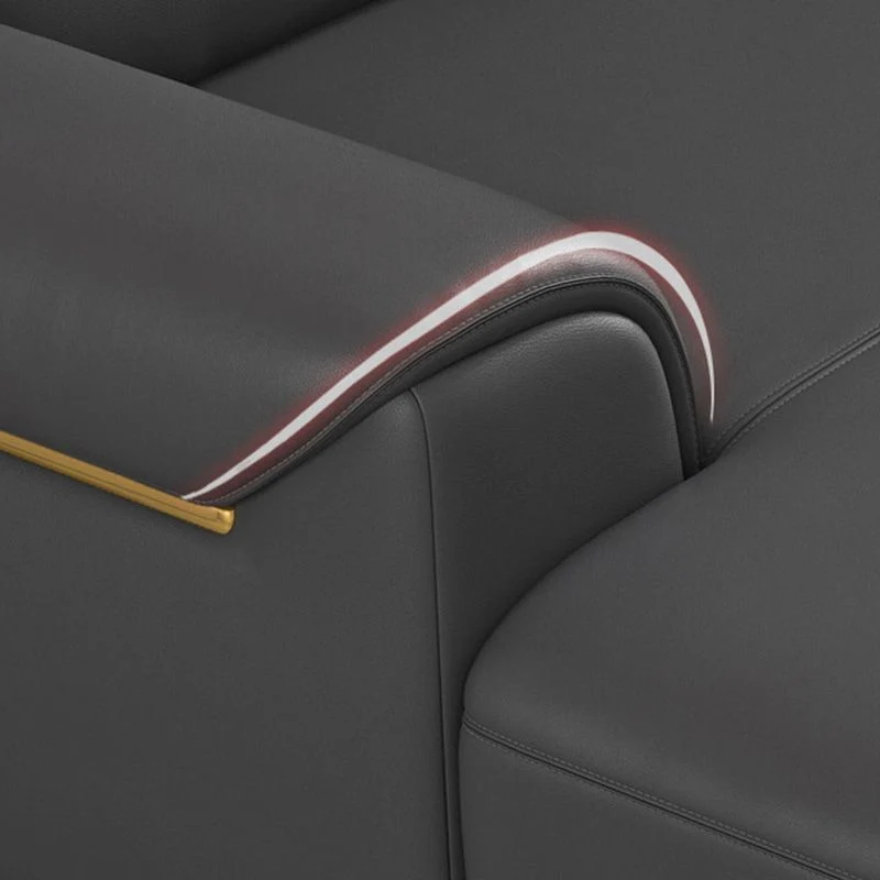 Divano vera pelle grigio scuro e chaise longue componibile con braccioli superiori per soggiorno Clearhalo