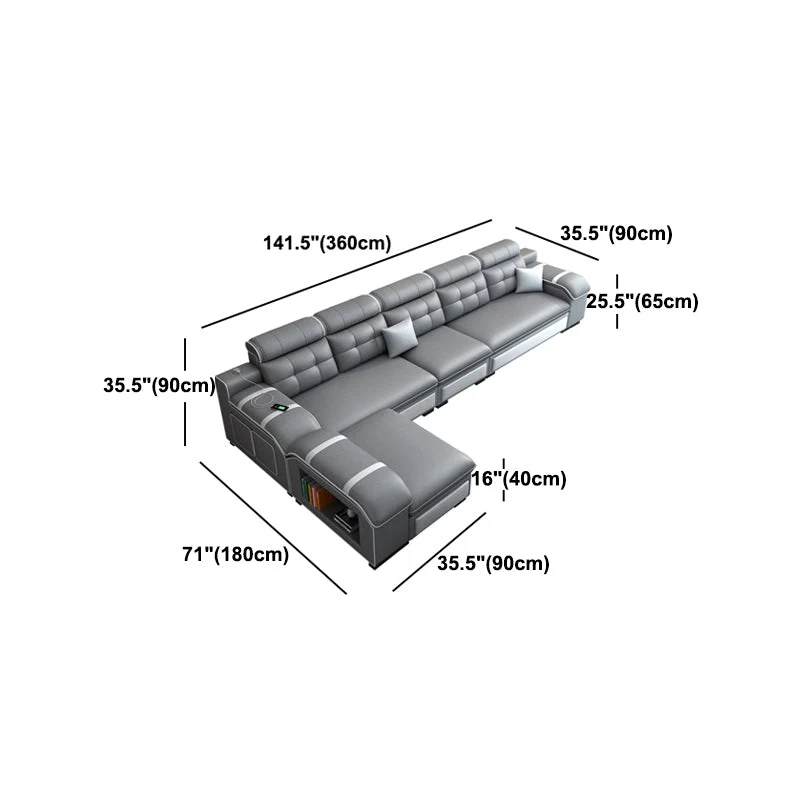 Divano/sezionale grigio contemporaneo con contenitore e USB per soggiorno Clearhalo