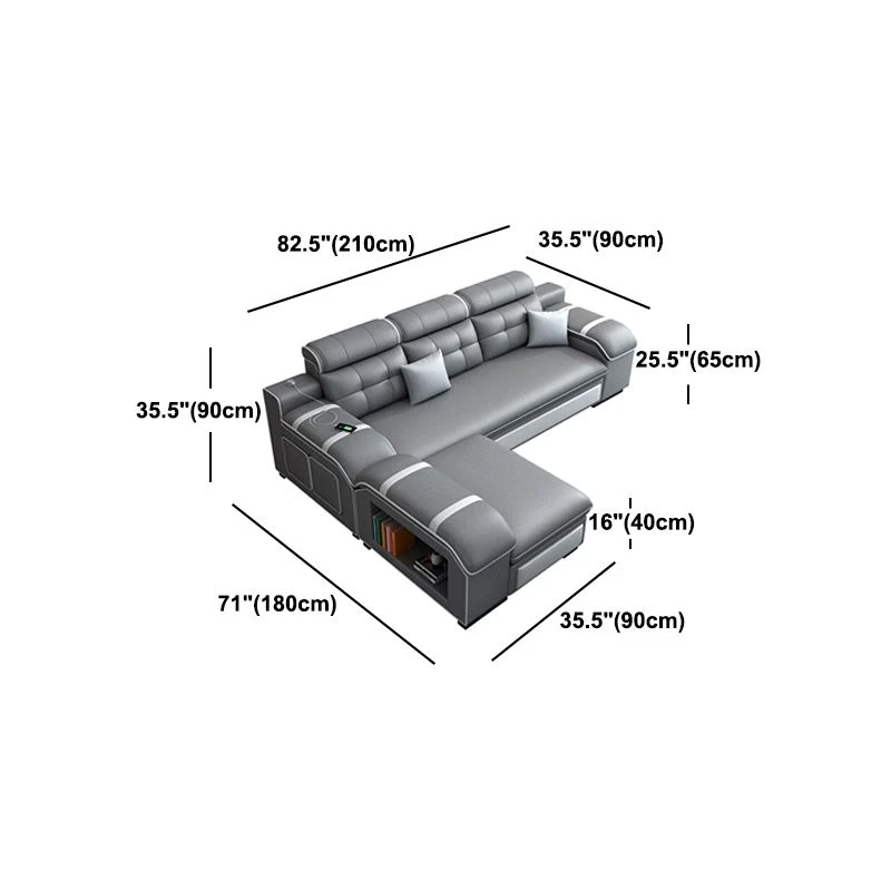 Divano/sezionale grigio contemporaneo con contenitore e USB per soggiorno Clearhalo