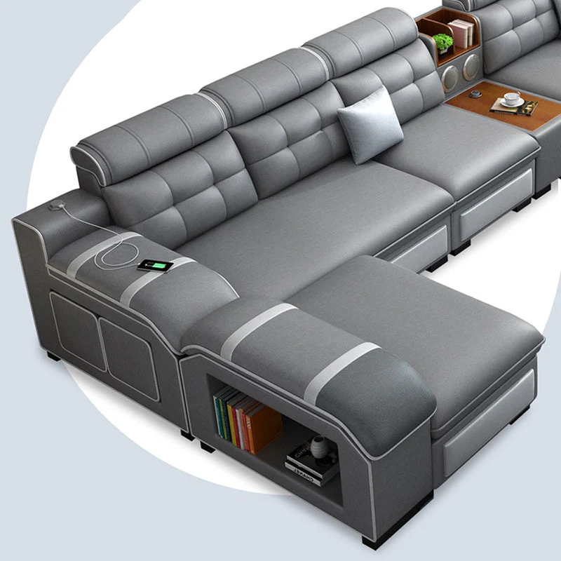 Divano/sezionale grigio contemporaneo con contenitore e USB per soggiorno Clearhalo