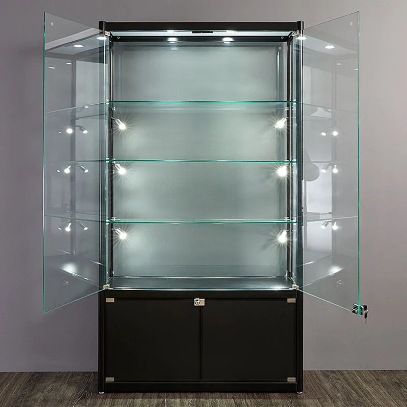 Espositore moderno metallo nero Curio Cabinet con porta di chiusura Clearhalo