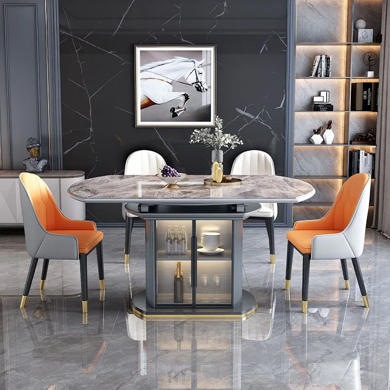 Glam Home Tavolo da Pranzo Allungabile Piedistallo Pietra Sinterizzata con Cassetti Clearhalo