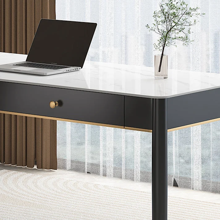 Glam Office Desk Scrivania per computer curva con finitura anticata con 2 cassetti portaoggetti Clearhalo