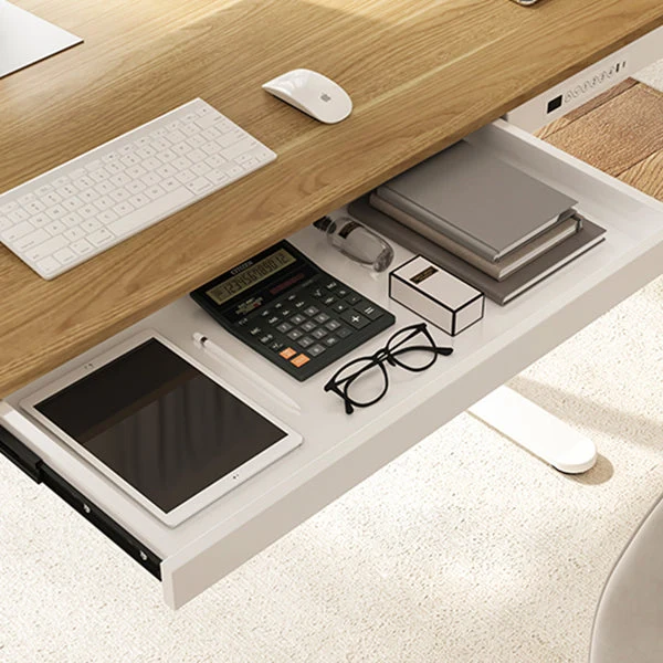 Moderna scrivania da ufficio con base forma di T e cablaggio elettrico con cassetto Clearhalo