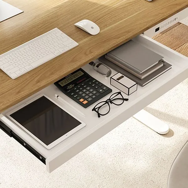 Moderna scrivania da ufficio con base forma di T e cablaggio elettrico con cassetto Clearhalo