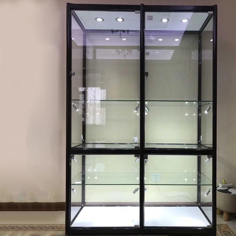 Moderno espositore con cornice nera, armadietto per curiosità con ripiani vetro Clearhalo