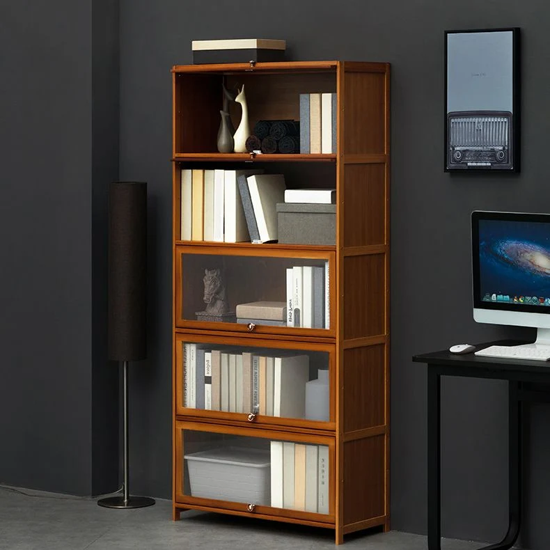 Scaffale moderno marrone per libri, libreria bambù per camera da letto, con armadietti Clearhalo