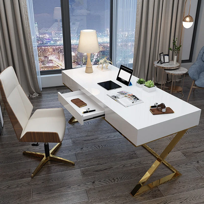 Scrittoio Legno Sintetico Rettangolare con Gambe Metallo Scrivania da Ufficio Glam Clearhalo