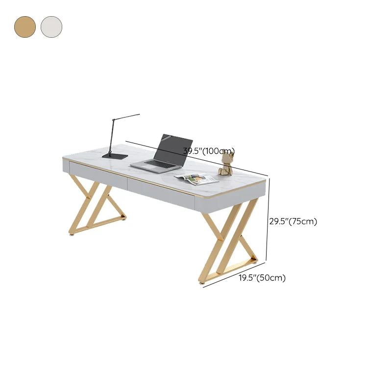Scrittoio Pietra Stile Contemporaneo Scrivania da Ufficio Rettangolare con 2 Cassetti Clearhalo