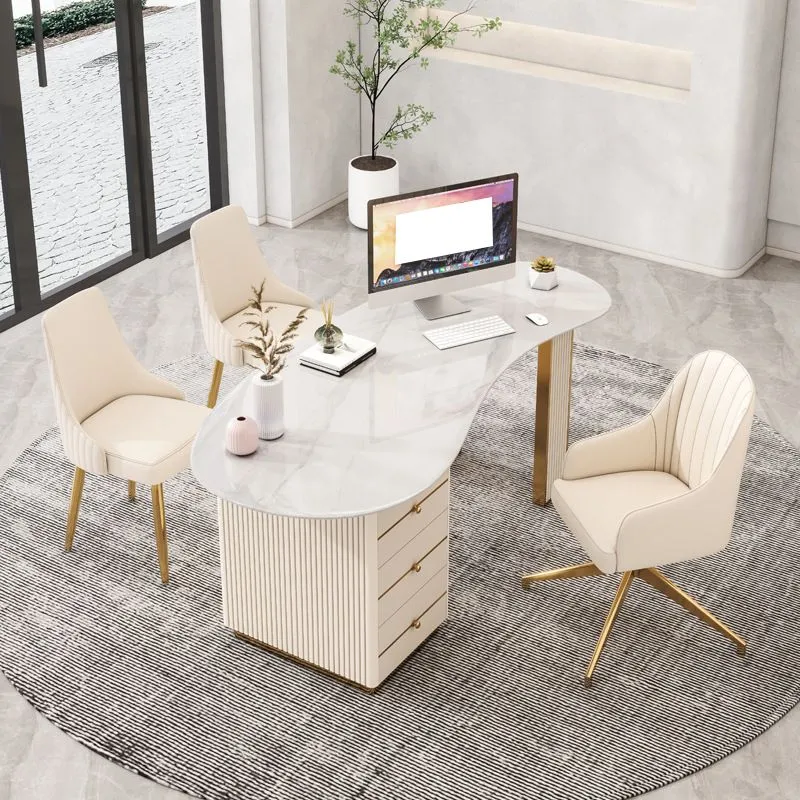 Scrivania Beige 3 cassetti Glam Stone e scrivania metallo per ufficio Clearhalo