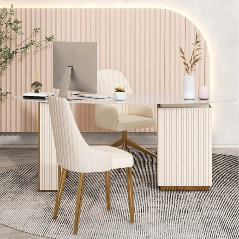 Scrivania Beige 3 cassetti Glam Stone e scrivania metallo per ufficio Clearhalo