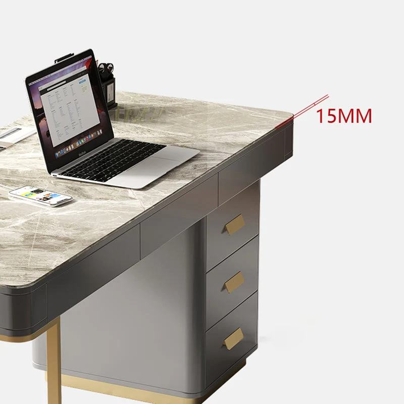 Scrivania con cassettiera grigia Glam Scrivania da ufficio rettangolare acciaio inox e pietra Clearhalo