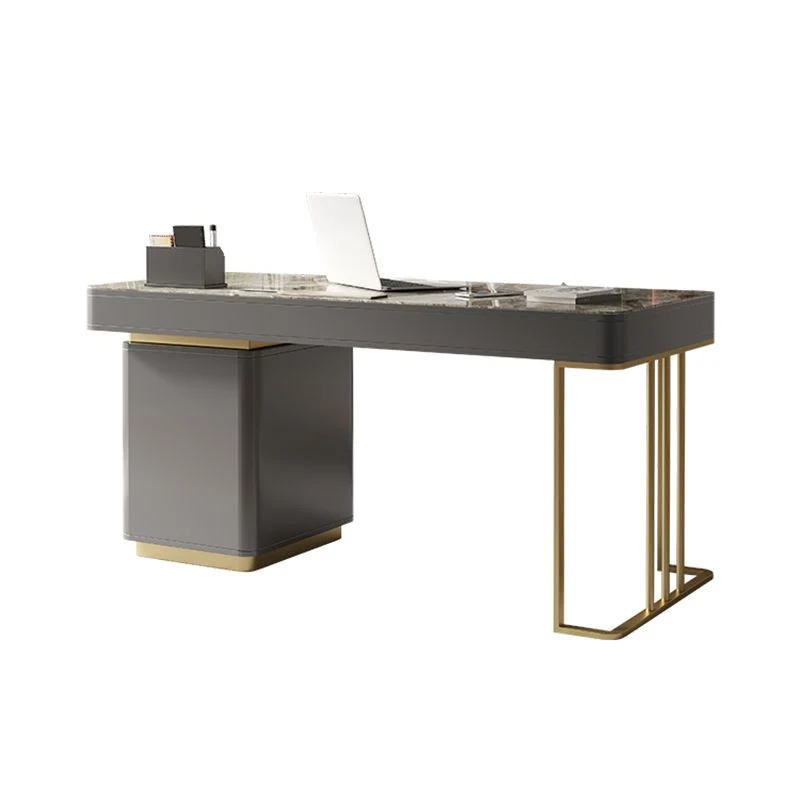 Scrivania con cassettiera grigia Glam Scrivania da ufficio rettangolare acciaio inox e pietra Clearhalo