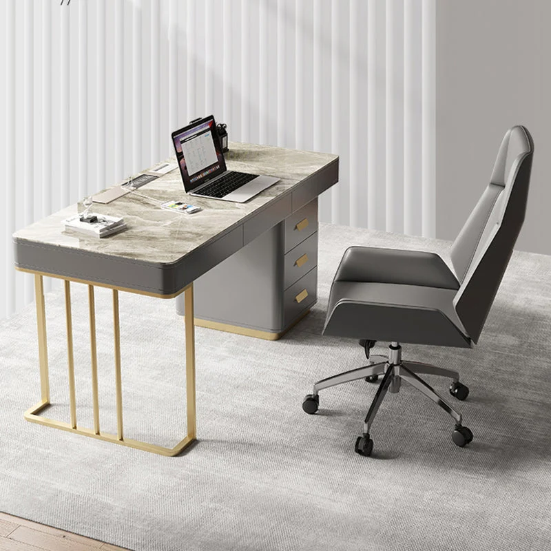 Scrivania con cassettiera grigia Glam Scrivania da ufficio rettangolare acciaio inox e pietra Clearhalo