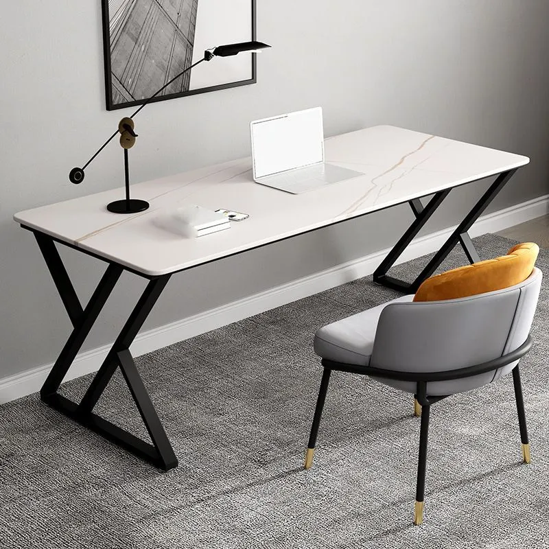 Scrivania curva moderna con cavalletto bianco e gambe metallo Clearhalo
