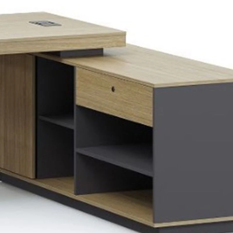 Scrivania legno forma di L naturale con cassetto direzionale per la gestione dei cavi Clearhalo