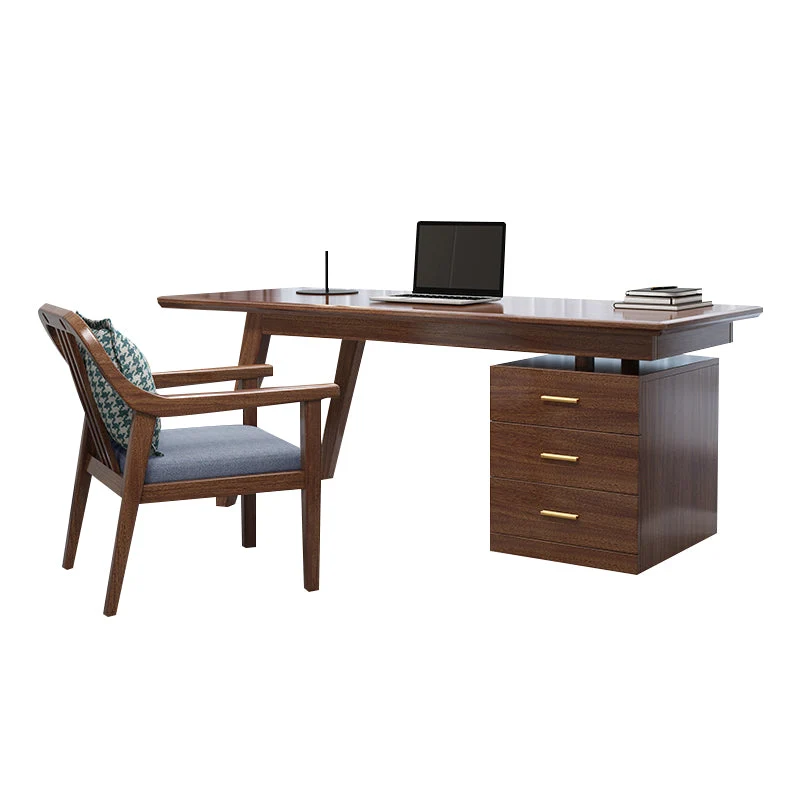 Scrivania per computer da camera da letto color noce marrone stile moderno rettangolare con 3 cassetti Clearhalo
