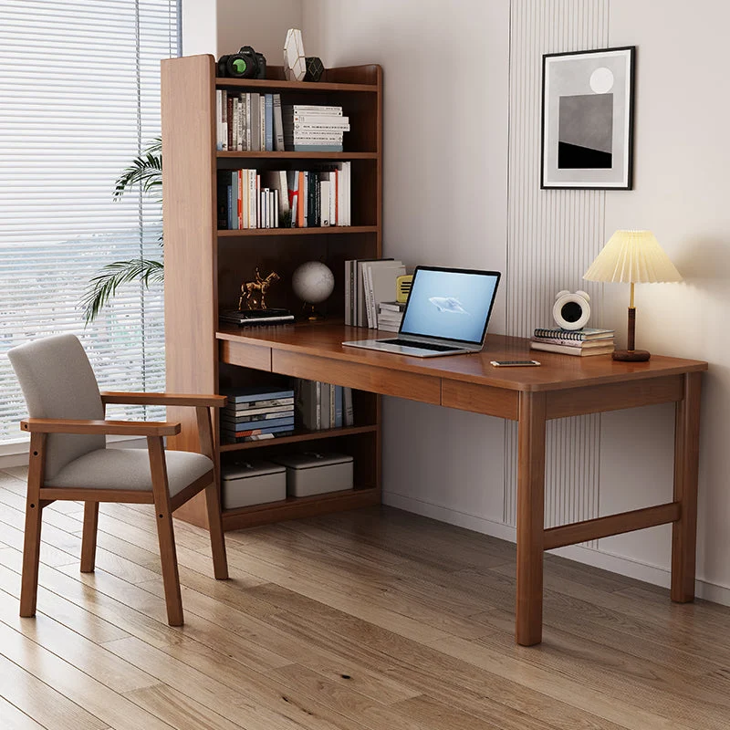 Scrivania per computer di casa con base su piedistallo legno massello con libreria Clearhalo