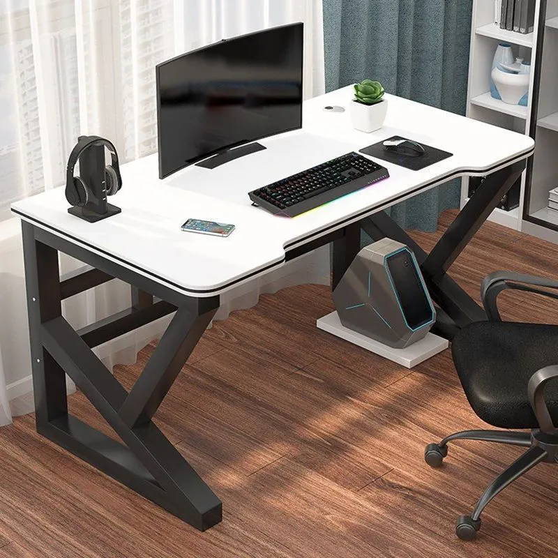 Scrivania per computer con cavalletto moderno, scrivania da ufficio legno artificiale e acciaio, gestione dei cavi Clearhalo