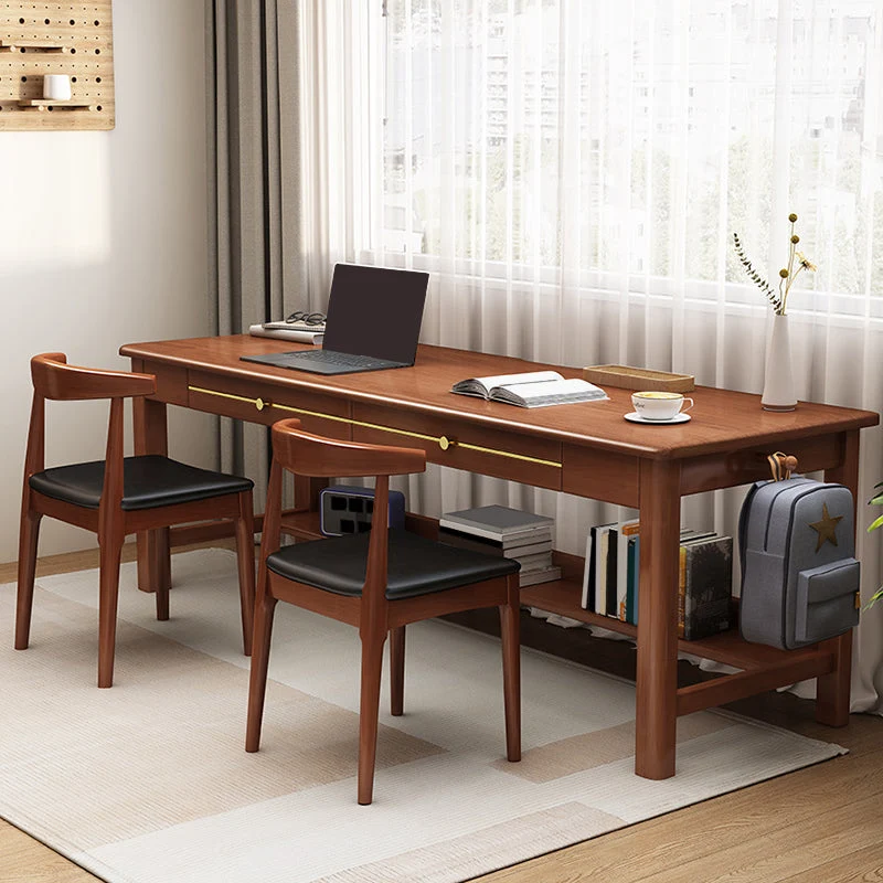 Scrivania per computer legno massello stile Glam, scrivania da ufficio rettangolare 2 cassetti Clearhalo