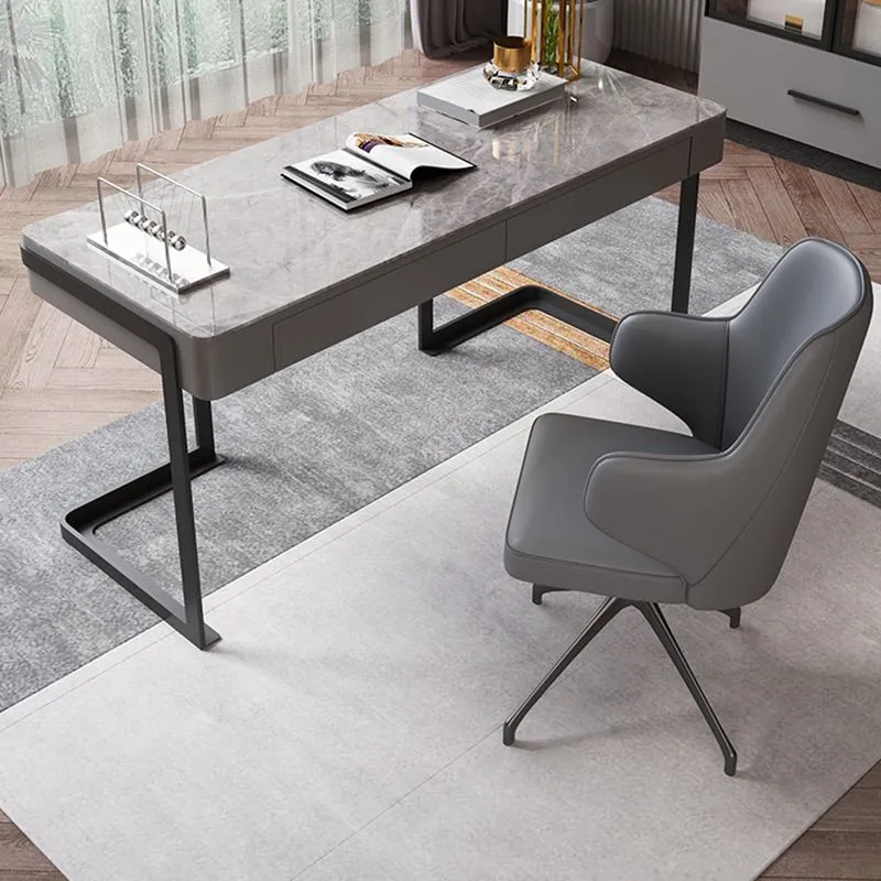 Scrivania per ufficio da casa con base acciaio, scrivania moderna grigia da 29,5" H con cassetti Clearhalo