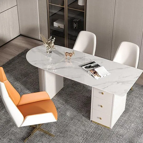 Scrivania pietra beige con piedistallo da ufficio con base metallo cromato Clearhalo