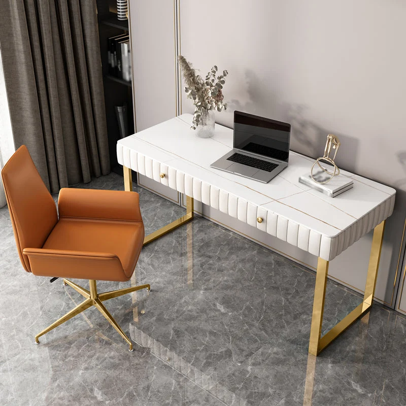 Scrivania pietra stile glam Scrivania da ufficio con base slitta curva con 2 cassetti Clearhalo