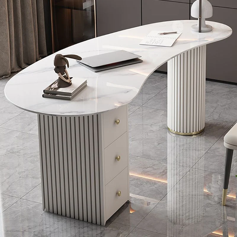 Scrivania da ufficio con piedistallo Glam dalla forma non convenzionale, bianco Clearhalo