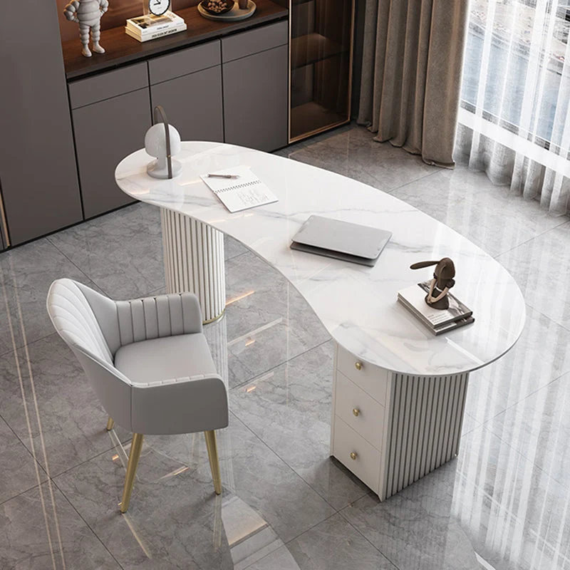 Scrivania da ufficio con piedistallo Glam dalla forma non convenzionale, bianco Clearhalo
