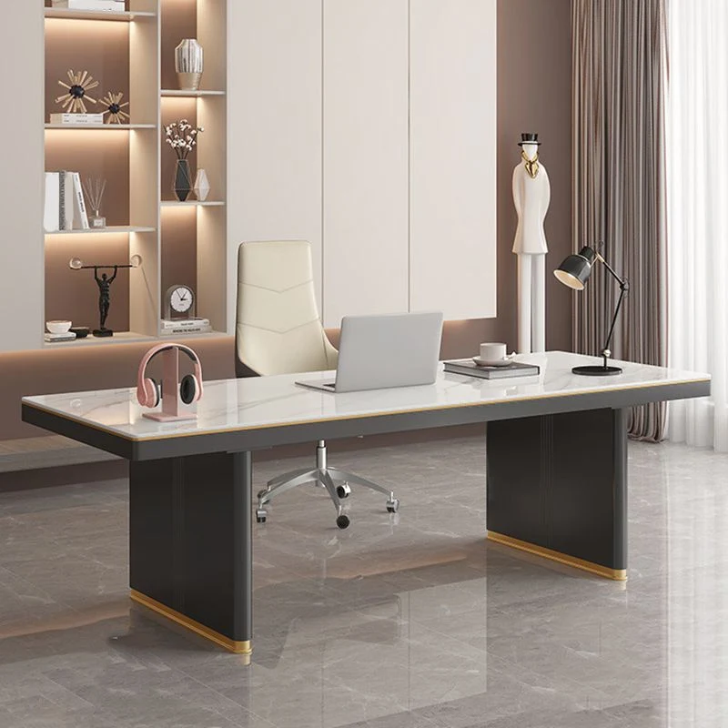 Scrivania da ufficio contemporanea di forma rettangolare Scrivania operativa pietra con 2 gambe bianco e nero Clearhalo