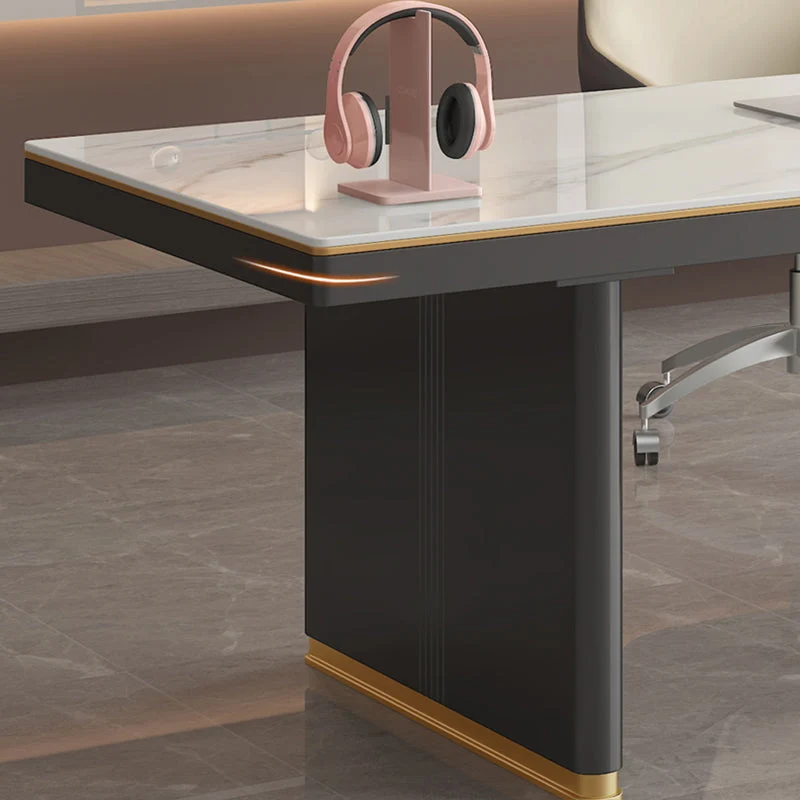 Scrivania da ufficio contemporanea di forma rettangolare Scrivania operativa pietra con 2 gambe bianco e nero Clearhalo
