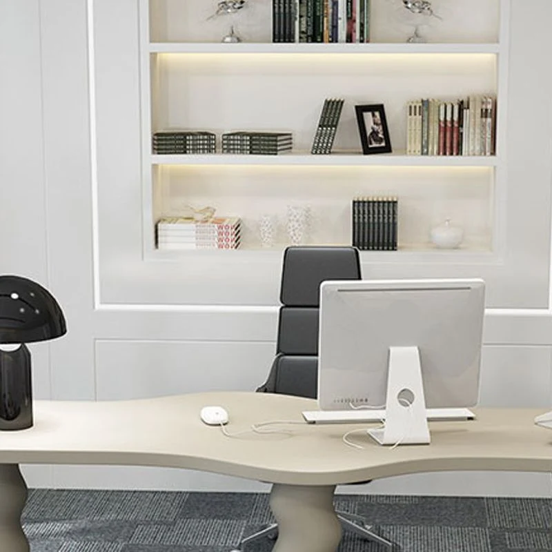 Scrivania da ufficio contemporanea legno Scrivania operativa di forma irregolare con 3 gambe bianco/nero/grigio Clearhalo